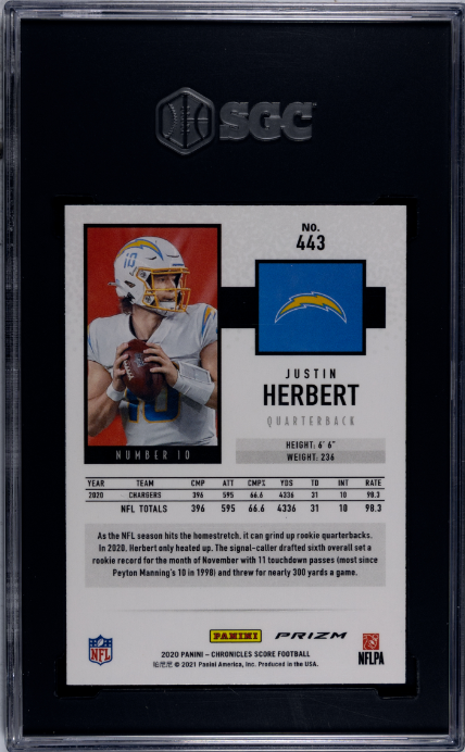 2020 Panini Chronicles #443 Justin Herbert Score Silver Prizm SGC 10 Chargers Card