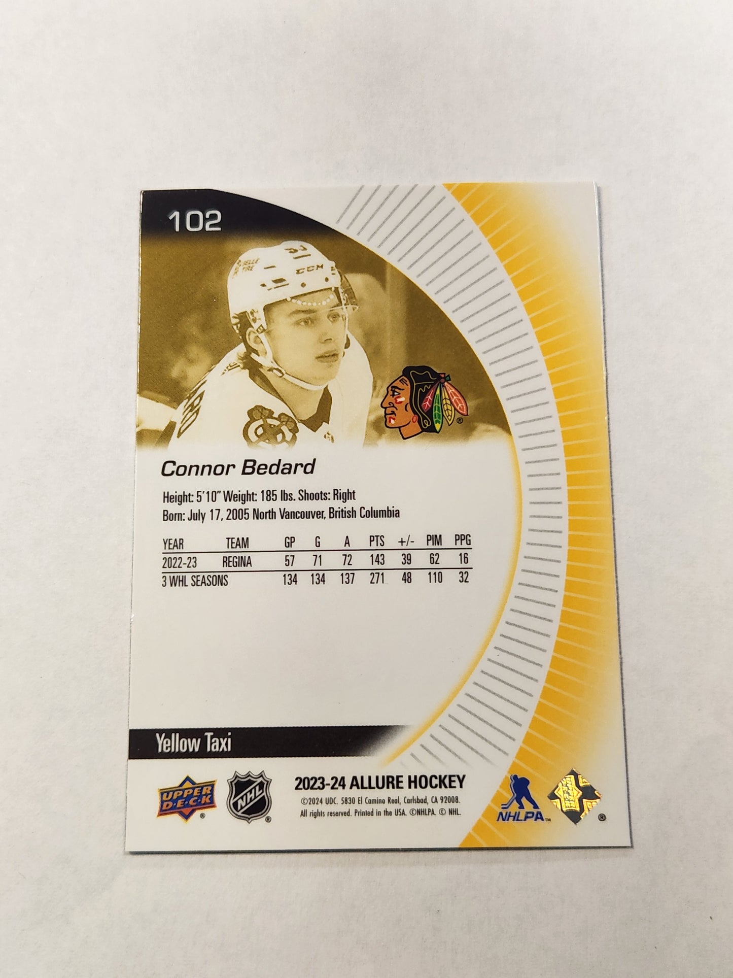 2023-24 Upper Deck Allure Connor Bedard #102 Yellow Taxi SP Blackhawks