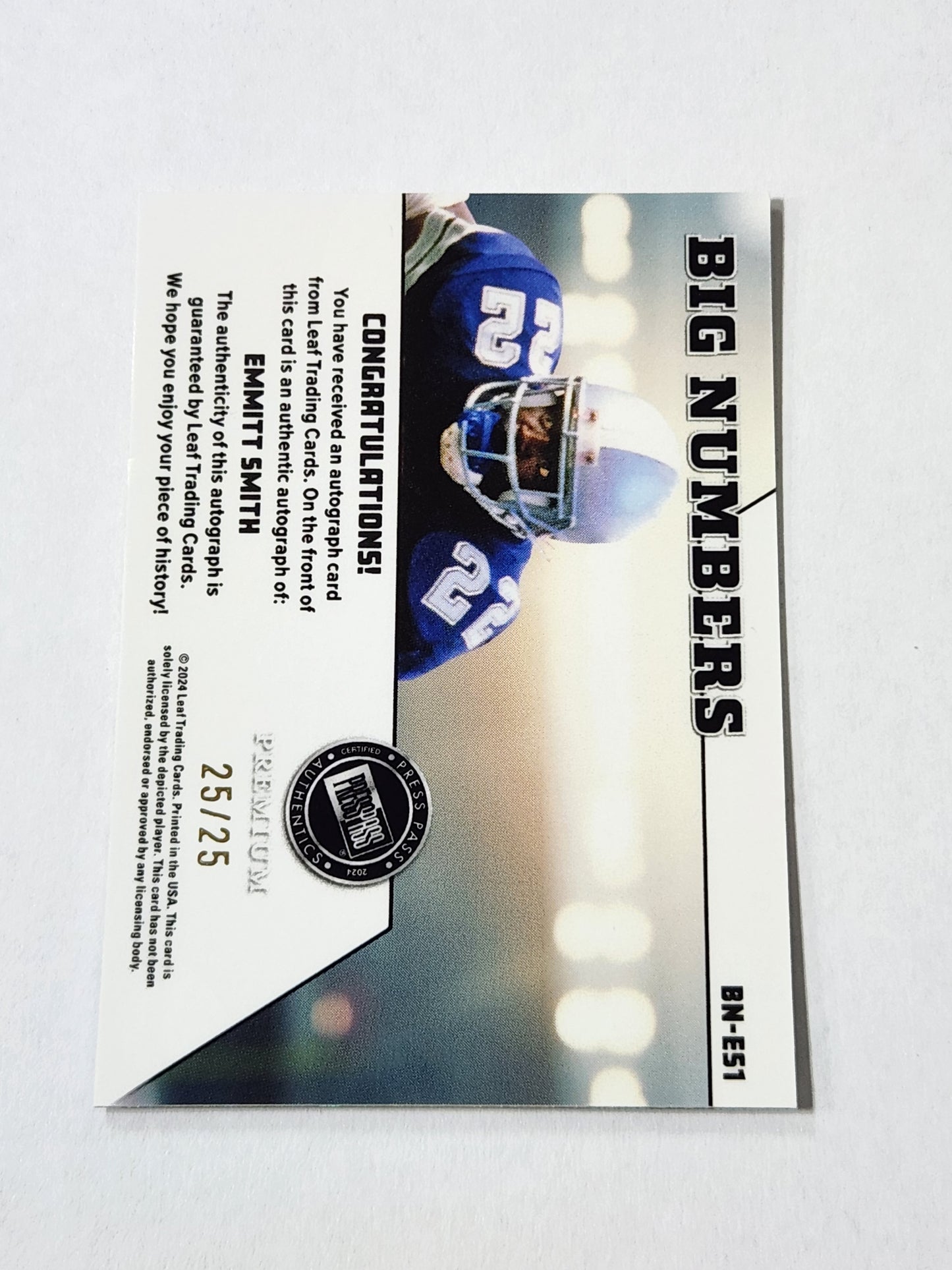 2024 Leaf Press Pass Premium Emmitt Smith Big Numbers Auto 25/25 BN-ES1