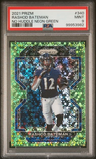 2021 Prizm Rashod Bateman No Huddle Neon Green Rookie 1/5 PSA 9