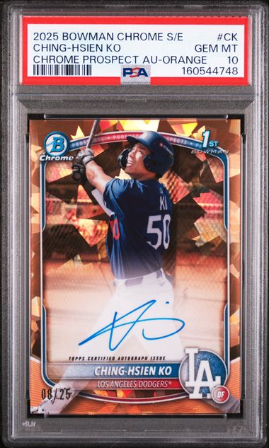 2025 Bowman Chrome Sapphire Ching-Hsien Ko 1st Bowman Prospect Orange Ice On Card Auto #/25 PSA 10