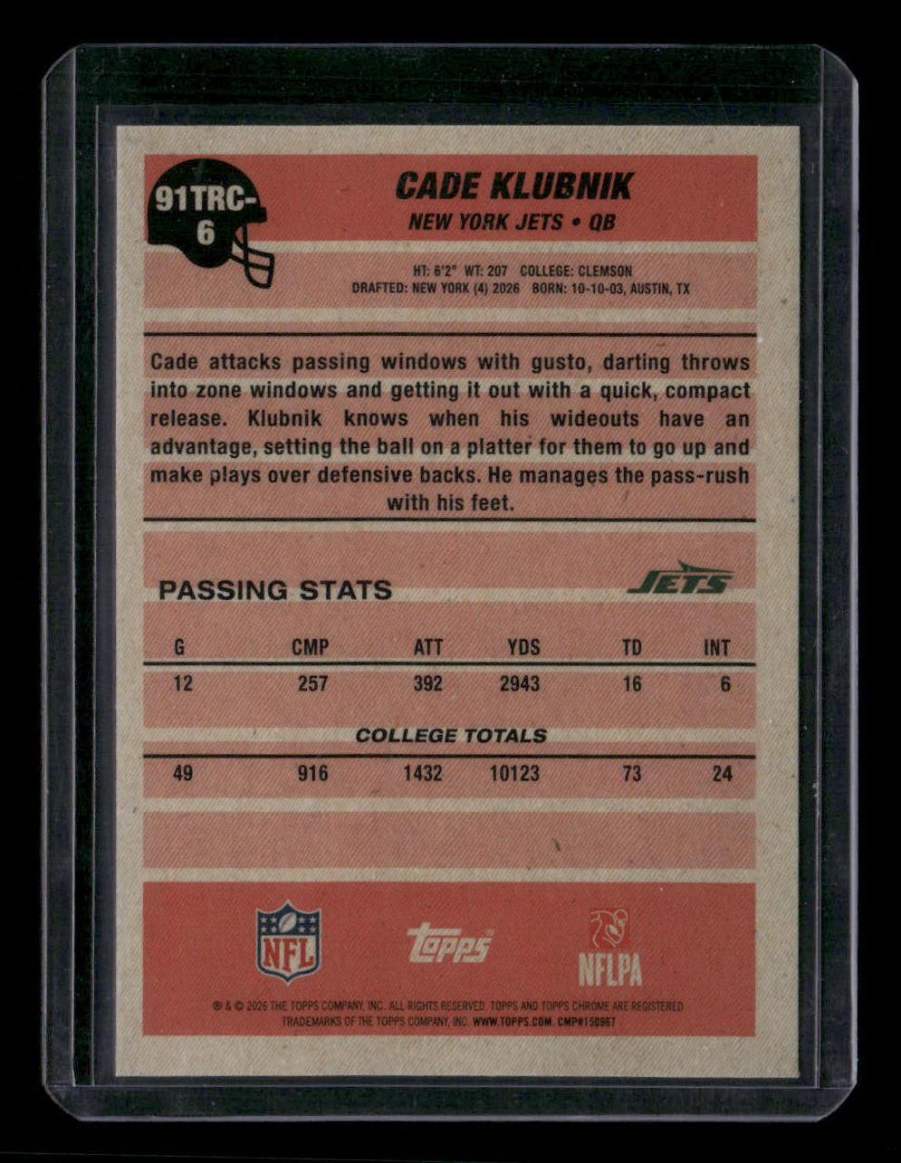 2026 Topps Flagship #91TR-6 Cade Klubnik 1991 Topps Football Rookies Crackle
