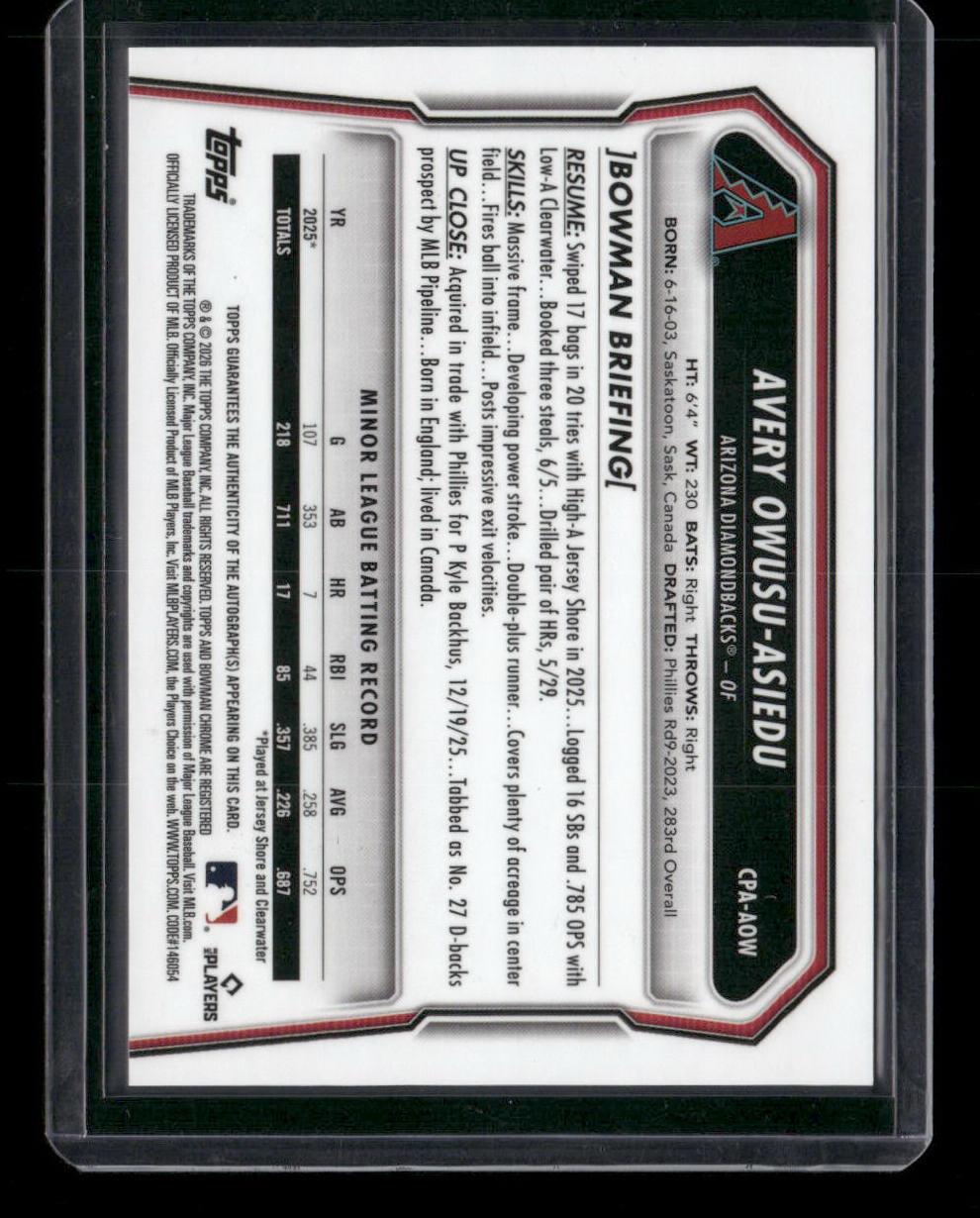 2026 Bowman Chrome Avery Owusu-Asiedu Prospect Auto Speckle Refractor #/299