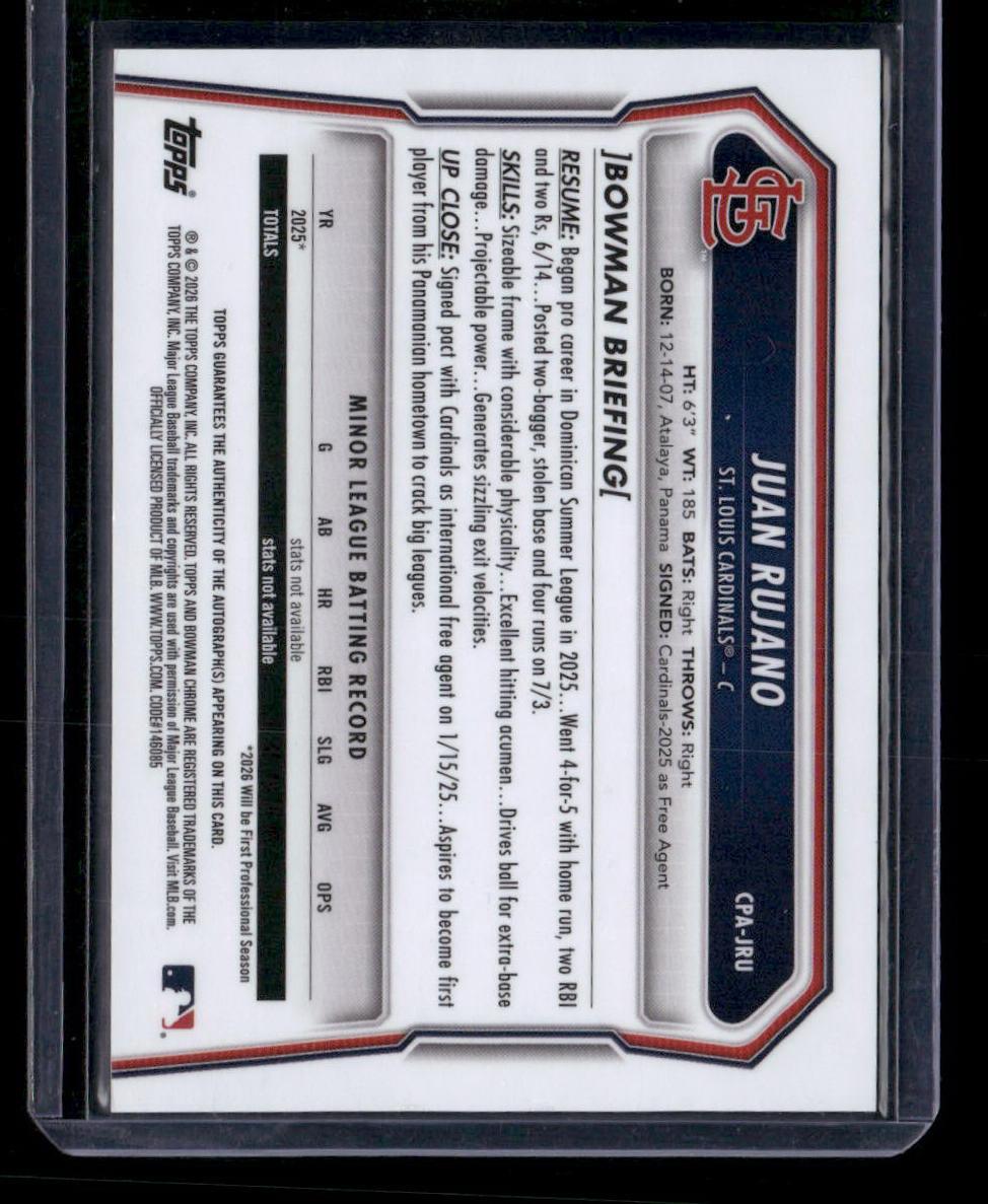 2026 Bowman Chrome Juan Rujano 1st Bowman Auto Blue Reptilian Refractor #/150