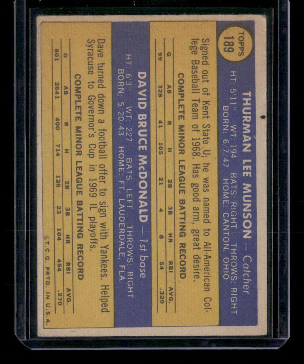1970 Topps #189 Yankees 1970 Rookie Stars (Thurman Munson / Dave McDonald)