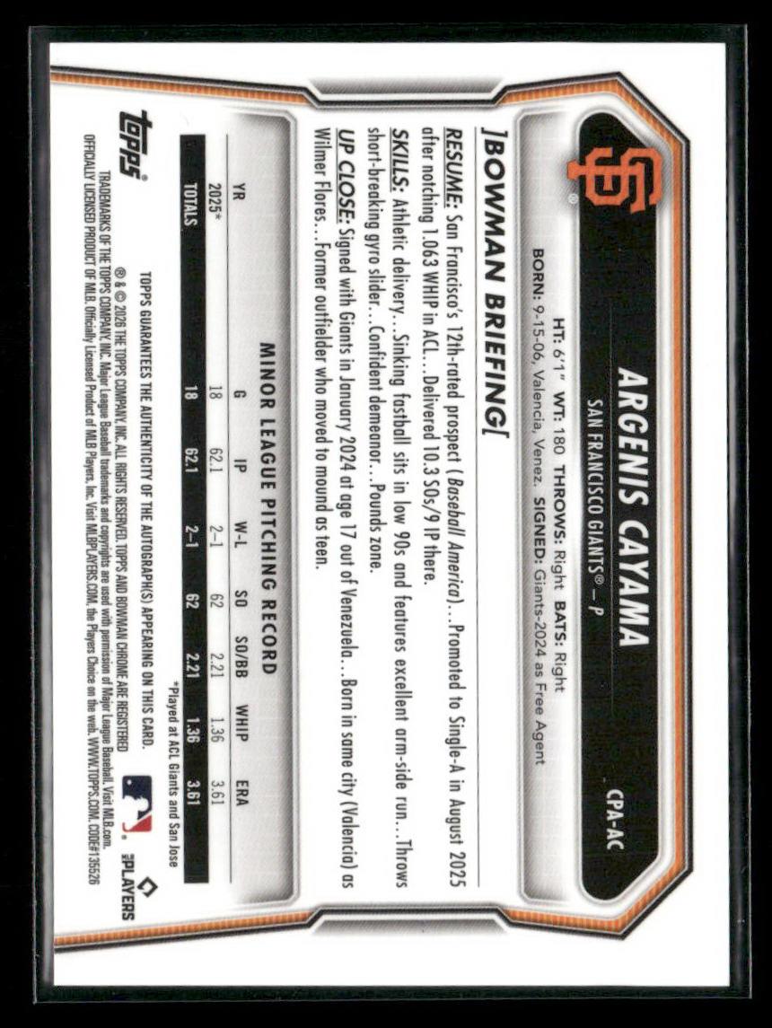 2026 Bowman Chrome #CPA-AC Argenis Cayama Prospect Auto Purple Refractor #/250
