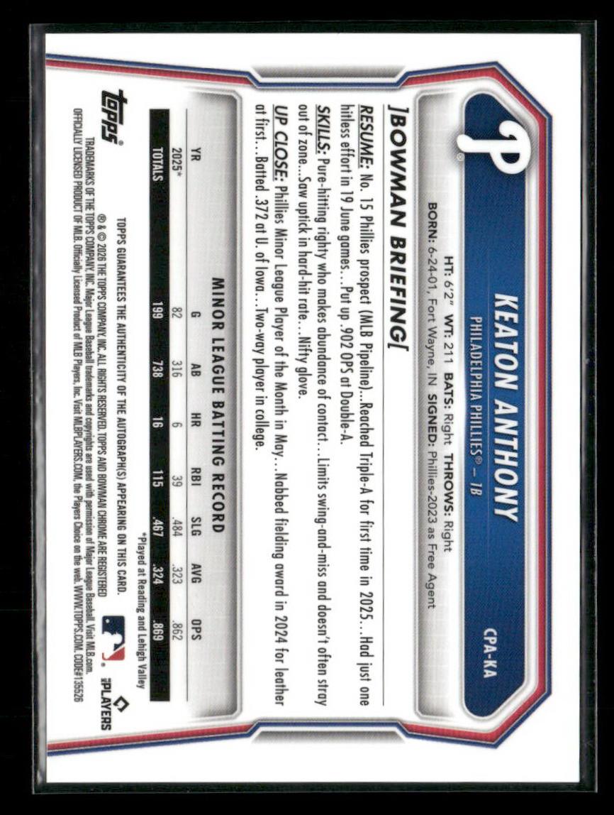 2026 Bowman #BCP-121 Keaton Anthony Chrome Prospects Lava Refractor #/399