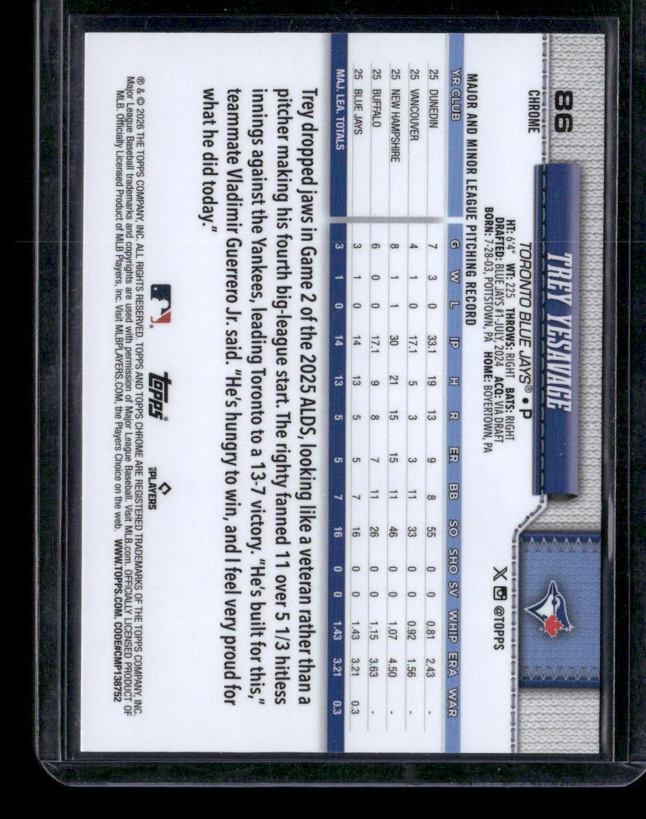 2026 Topps Chrome Trey Yesavage Image Variation Refractor SP