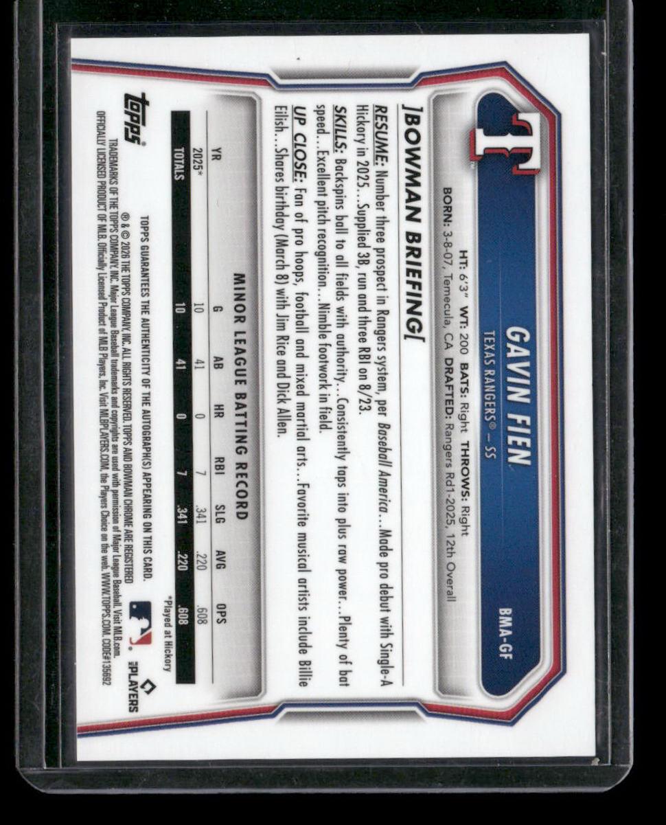 2026 Bowman #BMA-GF Gavin Fien Chrome Autographs Mojo Refractor
