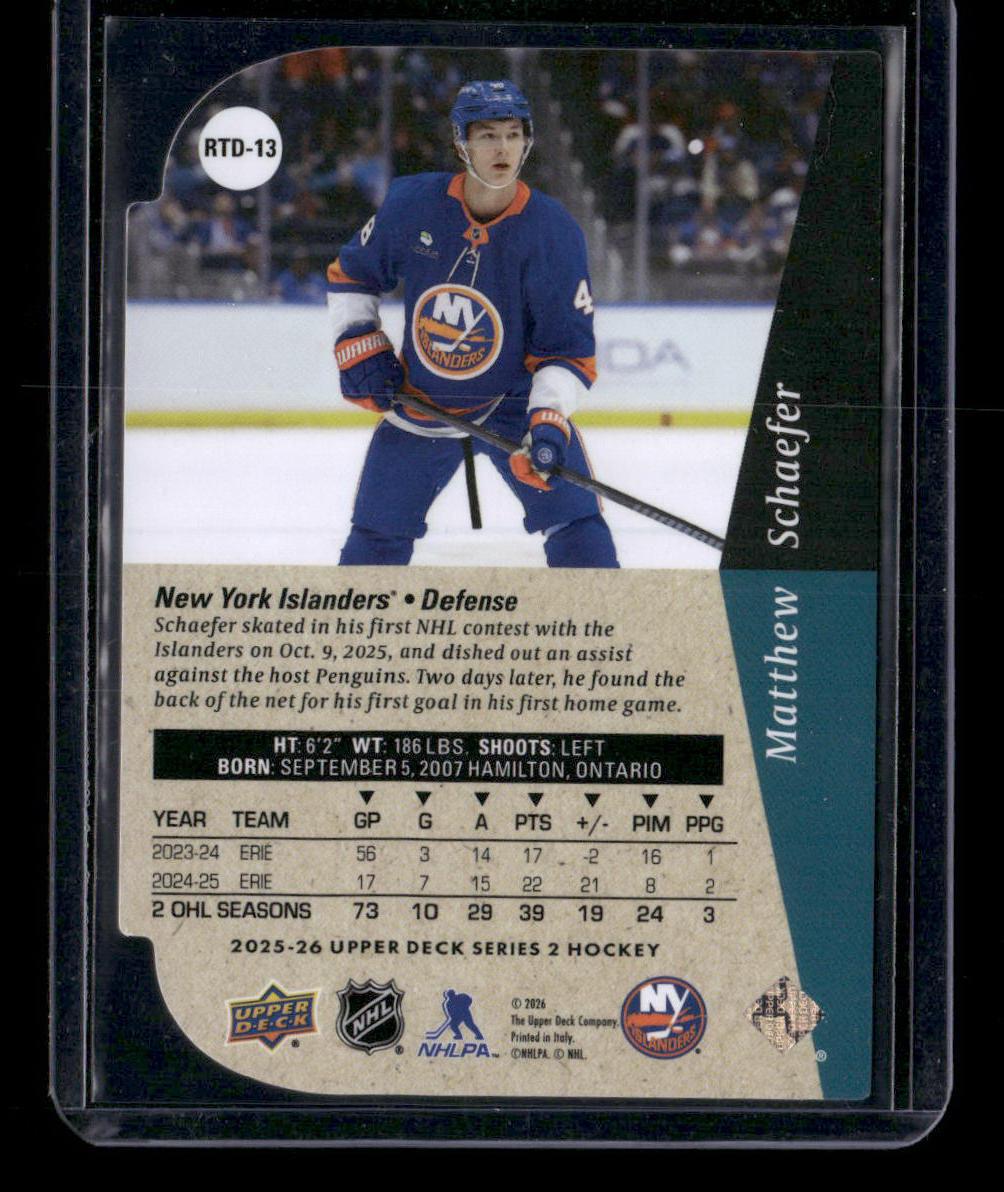 2025-26 Upper Deck #RTD-13 Matthew Schaefer 1994-95 Rookie Tribute Die Cut
