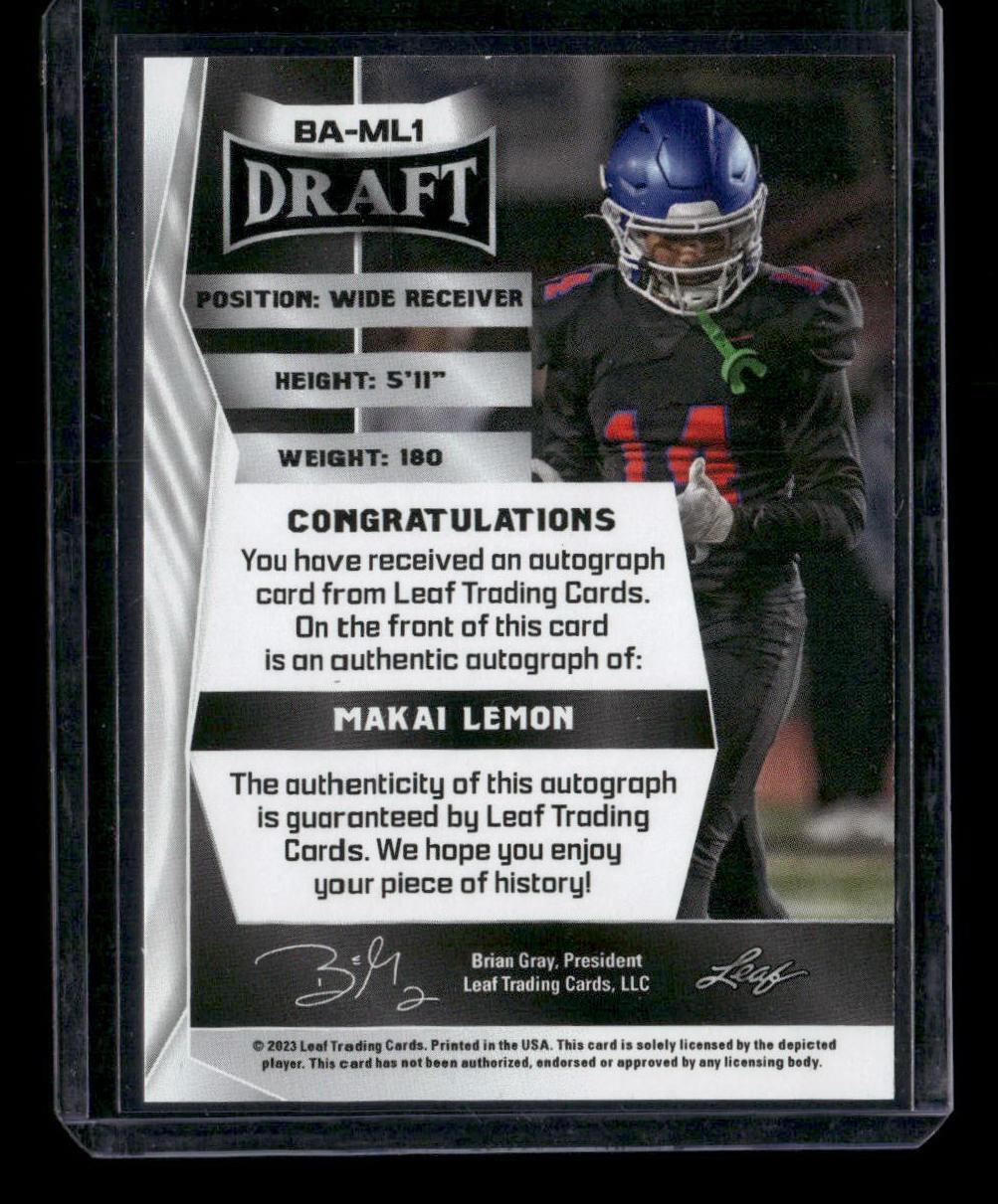 2023 Leaf Draft #BA-ML1 Makai Lemon Autographs