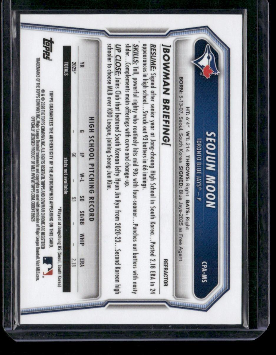 2026 Bowman #CPA-MS Seojun Moon Chrome Prospect Autographs Refractor #/499