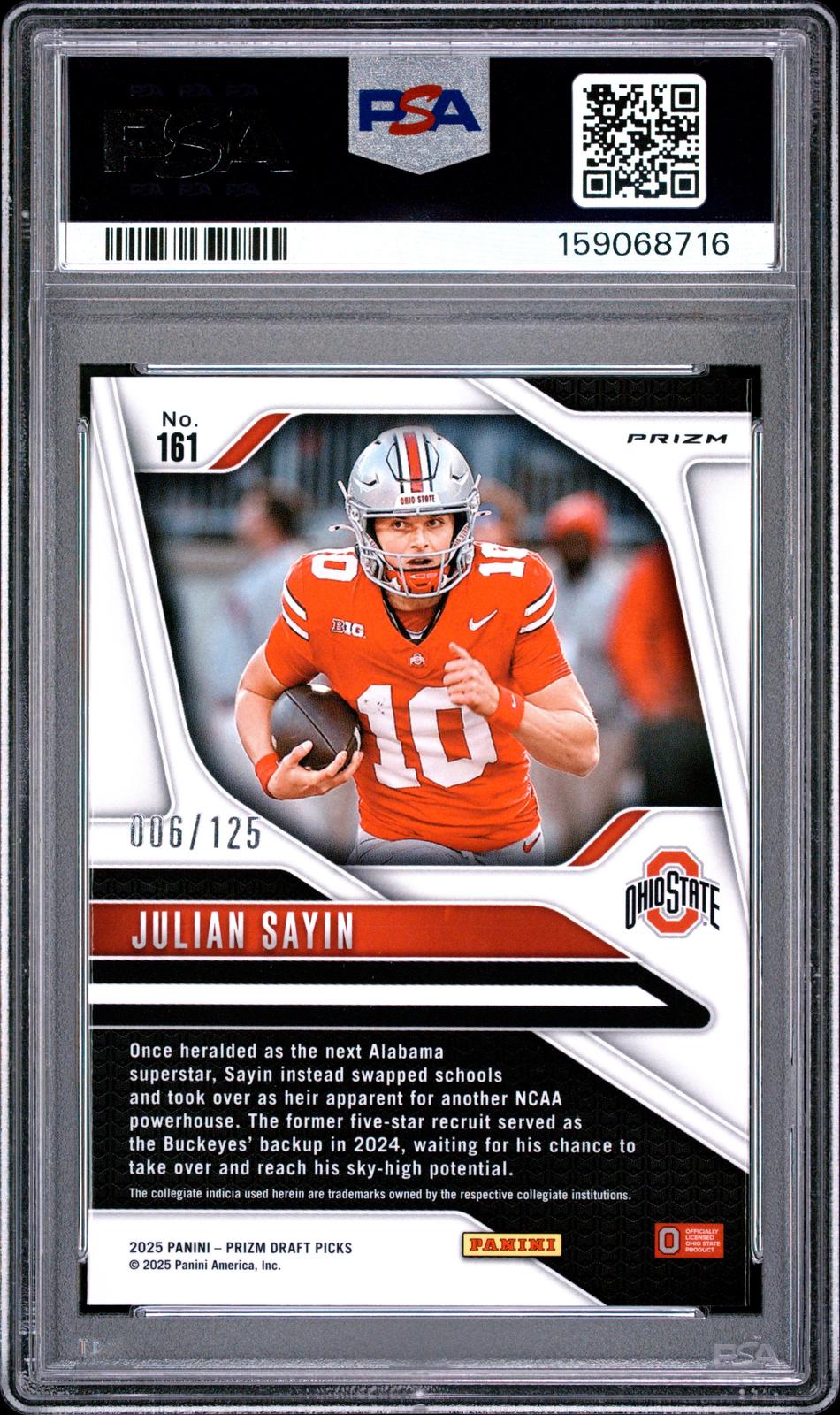 2025 Prizm Draft Picks Julian Sayin Red Finite #/125 PSA 10