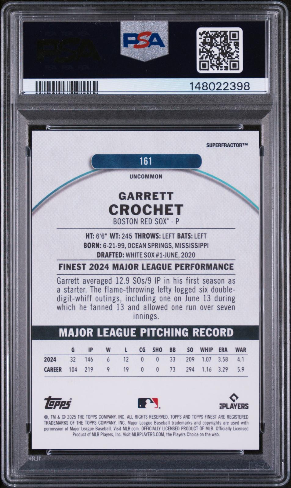 2025 Topps Finest #161 Garrett Crochet Superfractor 1/1 PSA 9