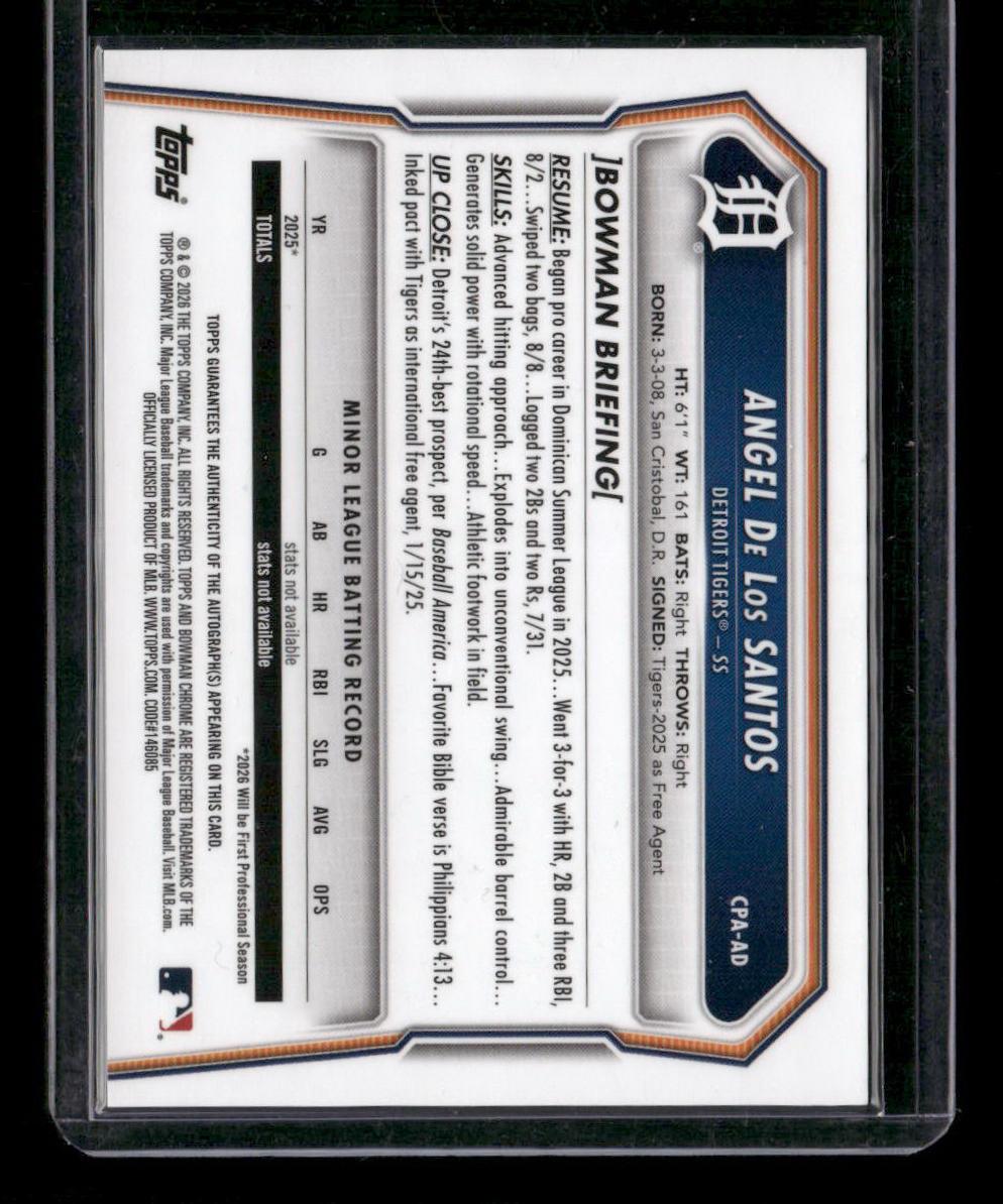 2026 Bowman Chrome Angel De Los Santos Prospect Autographs Gold Refractor #/50