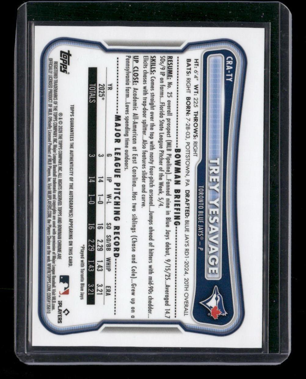 2026 Bowman #41 Trey Yesavage Rookie Chrome Orange Refractor Auto #1/25