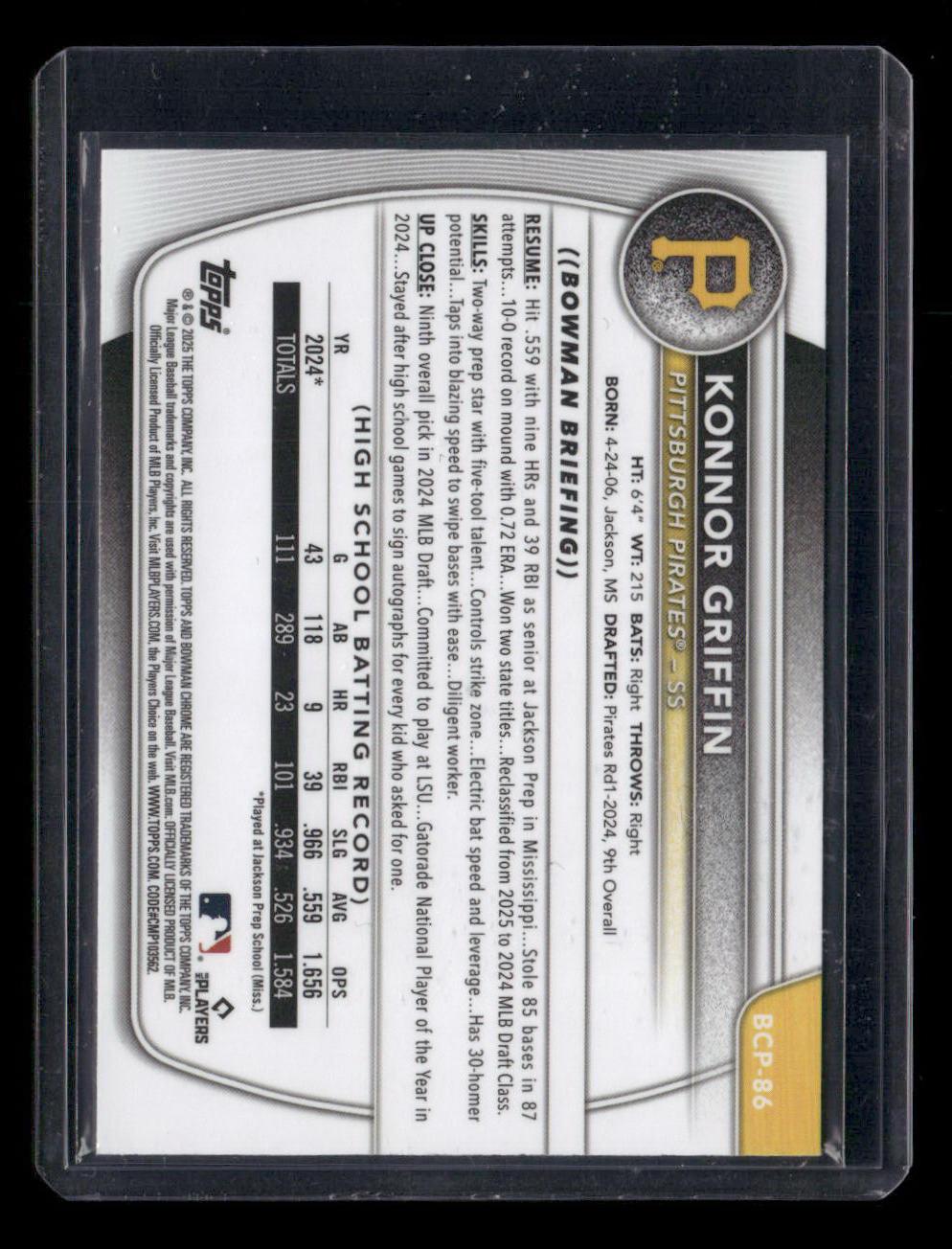 2025 Bowman #BCP-86 Konnor Griffin Chrome Prospects Mojo Aqua Refractor #/125