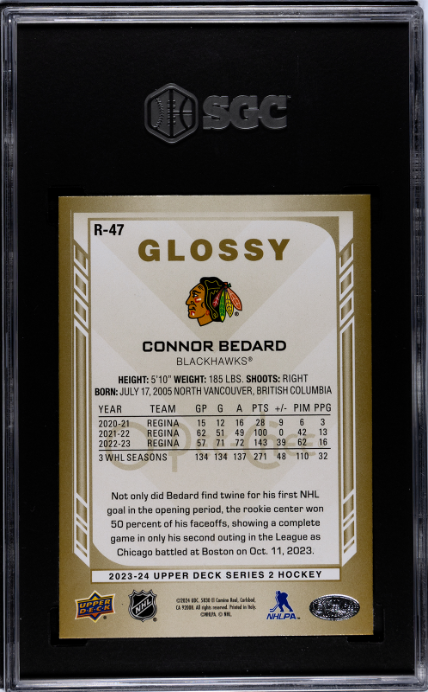 2023-24 Upper Deck #R-47 Connor Bedard O-Pee-Chee Glossy Rookies Gold SGC 10