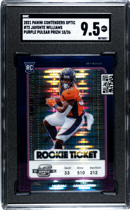 2021 Contenders Optic #72 Javonte Williams Purple Pulsar Prizm /26 SGC 9.5