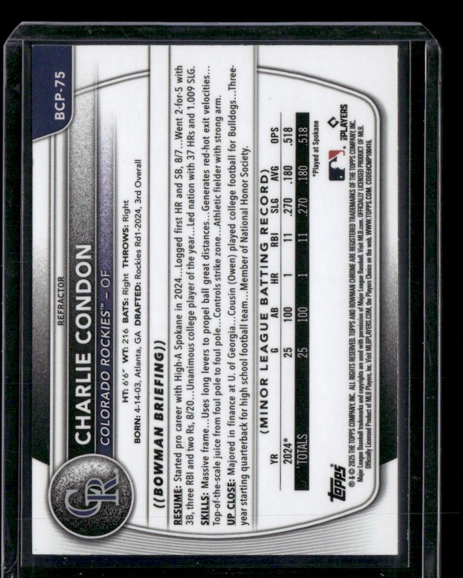2025 Bowman #BCP-75 Charlie Condon Chrome Prospects Refractor #/499