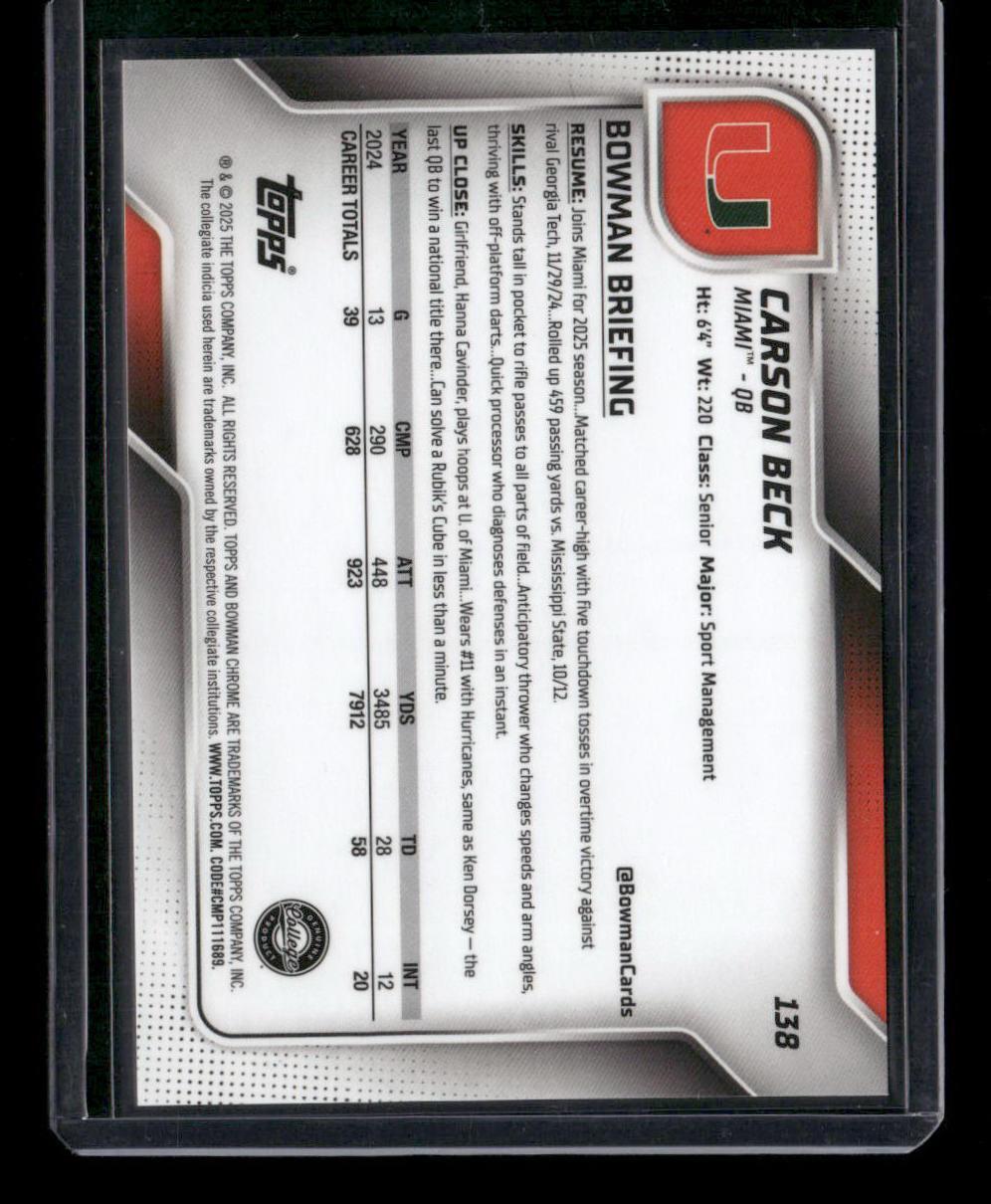 2025 Bowman University Chrome #138 Carson Beck Orange Shimmer Refractor #/25