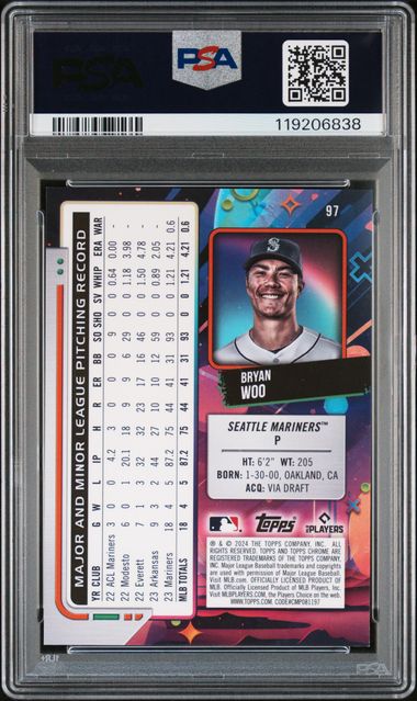 2024 Topps Chrome Cosmic Bryan Woo Black Eclipse Refractor Rookie #1/10 PSA 9