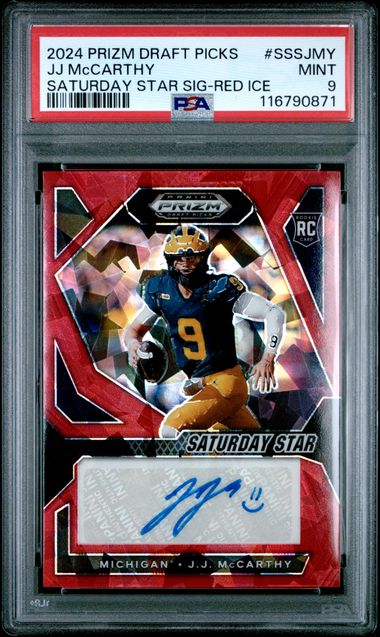 2024 Prizm Draft Picks JJ McCarthy Saturday Star Red Cracked Ice Rookie Auto PSA 9 Pop 1