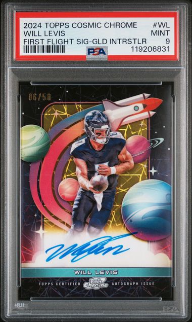 2024 Topps Chrome Cosmic Will Levis First Flight Gold Interstellar On Card Auto PSA 9
