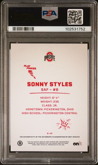 2024 Onit Ohio State Sonny Styles Signature Series Auto Red #/335 PSA 8