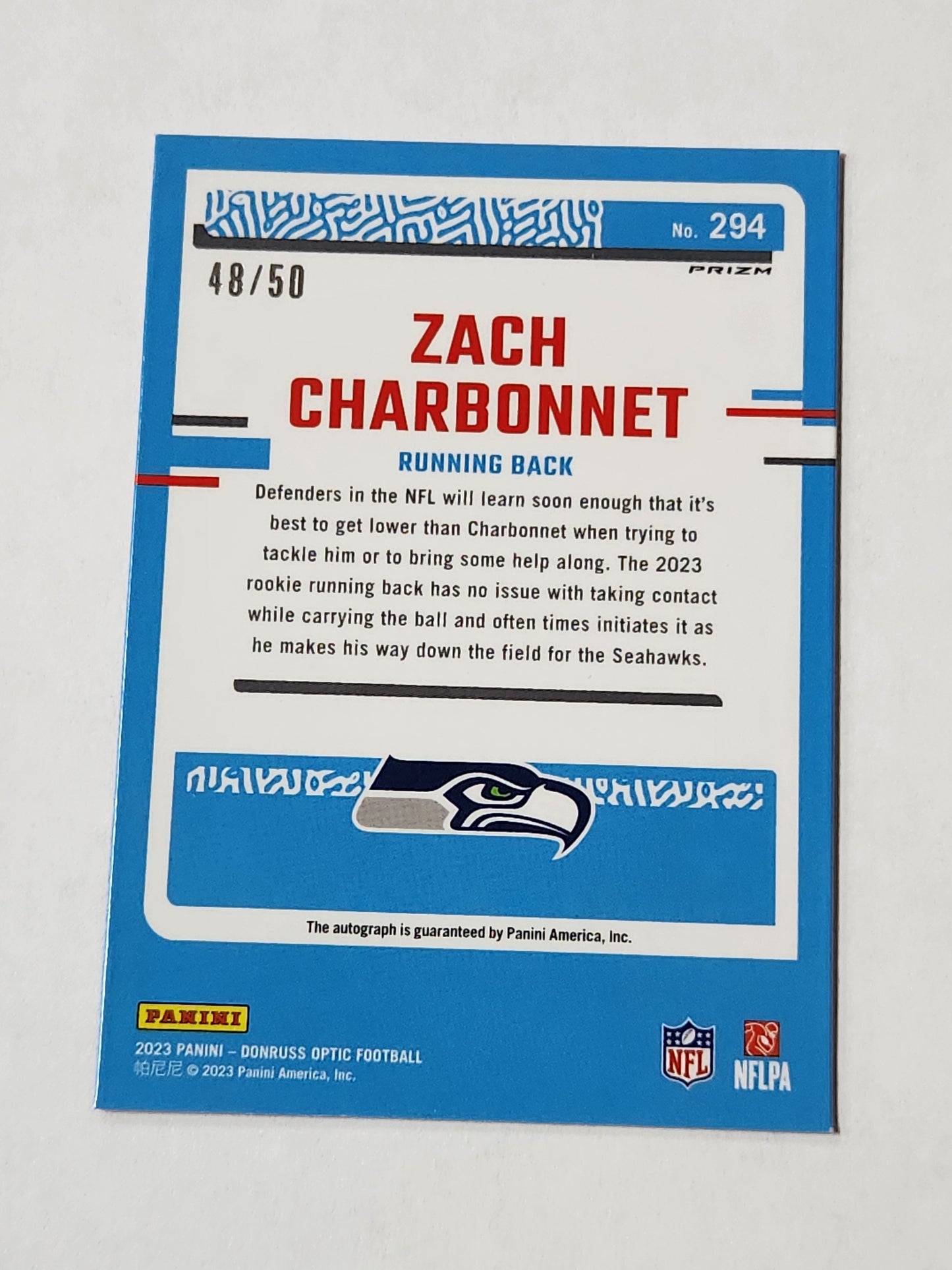 2023 Donruss Optic Zach Charbonnet Rated Rookie Auto Pink Velocity # /50