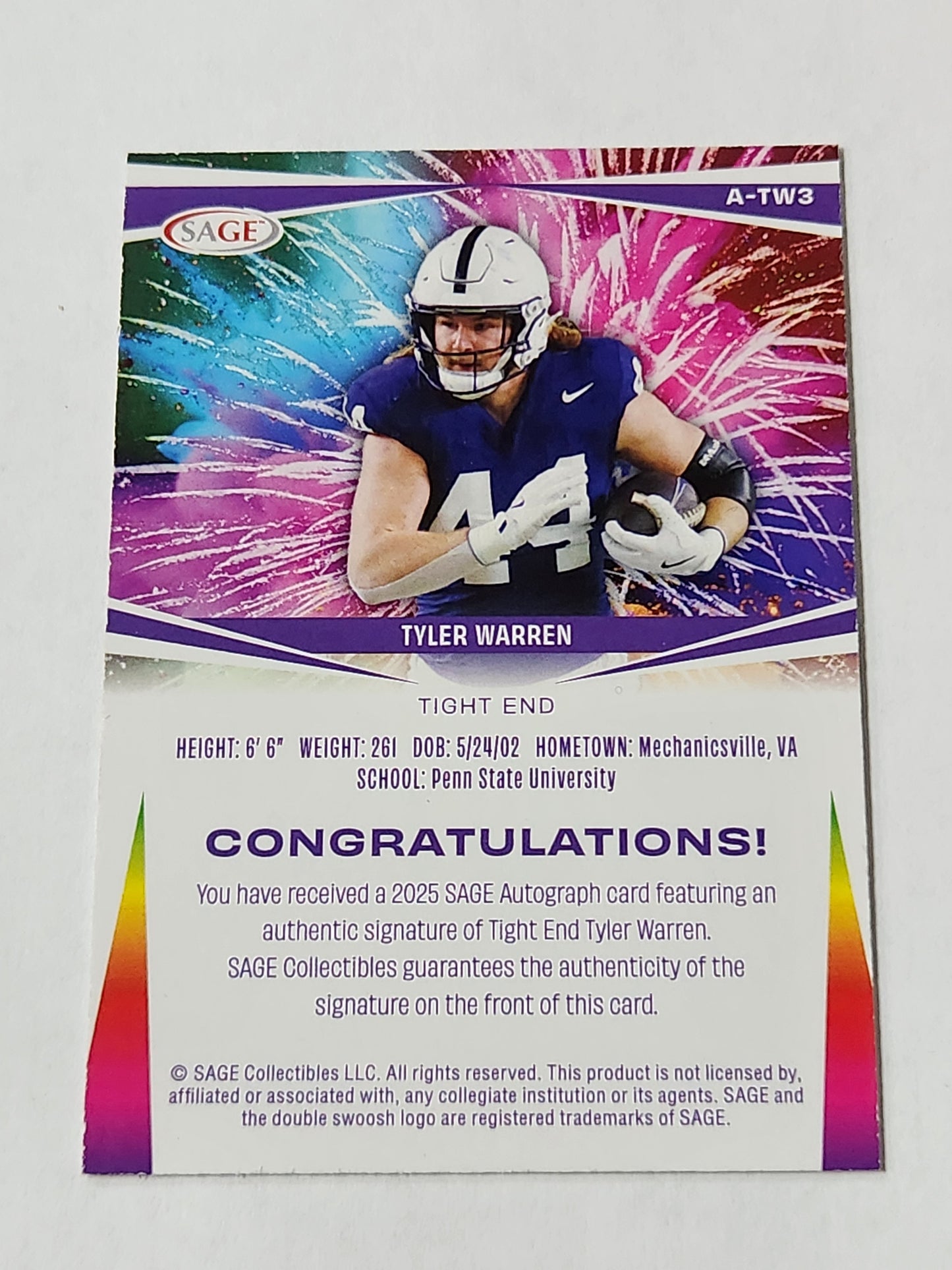 2025 Sage Tyler Warren # /100 Rookie Auto A-TW3