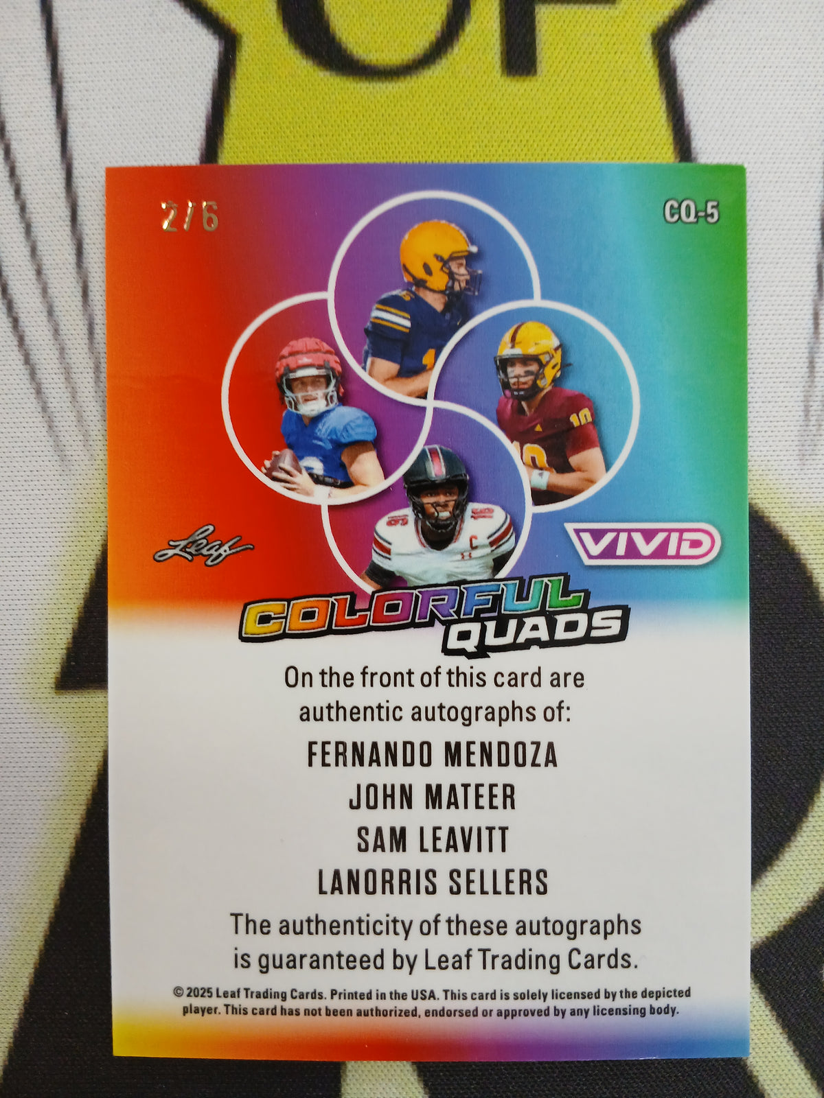 2025 Leaf Vivid Fernando Mendoza John Mateer Sam Leavitt Lanorris Sellers Colorful Quads Blue Quad Auto #2/6