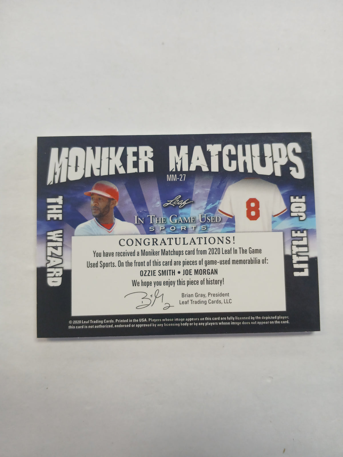 2020 Leaf In The Game Used Ozzie Smith The Wizard Vs Joe Morgan Little Joe Moniker Matchups Dual Patch #1/3