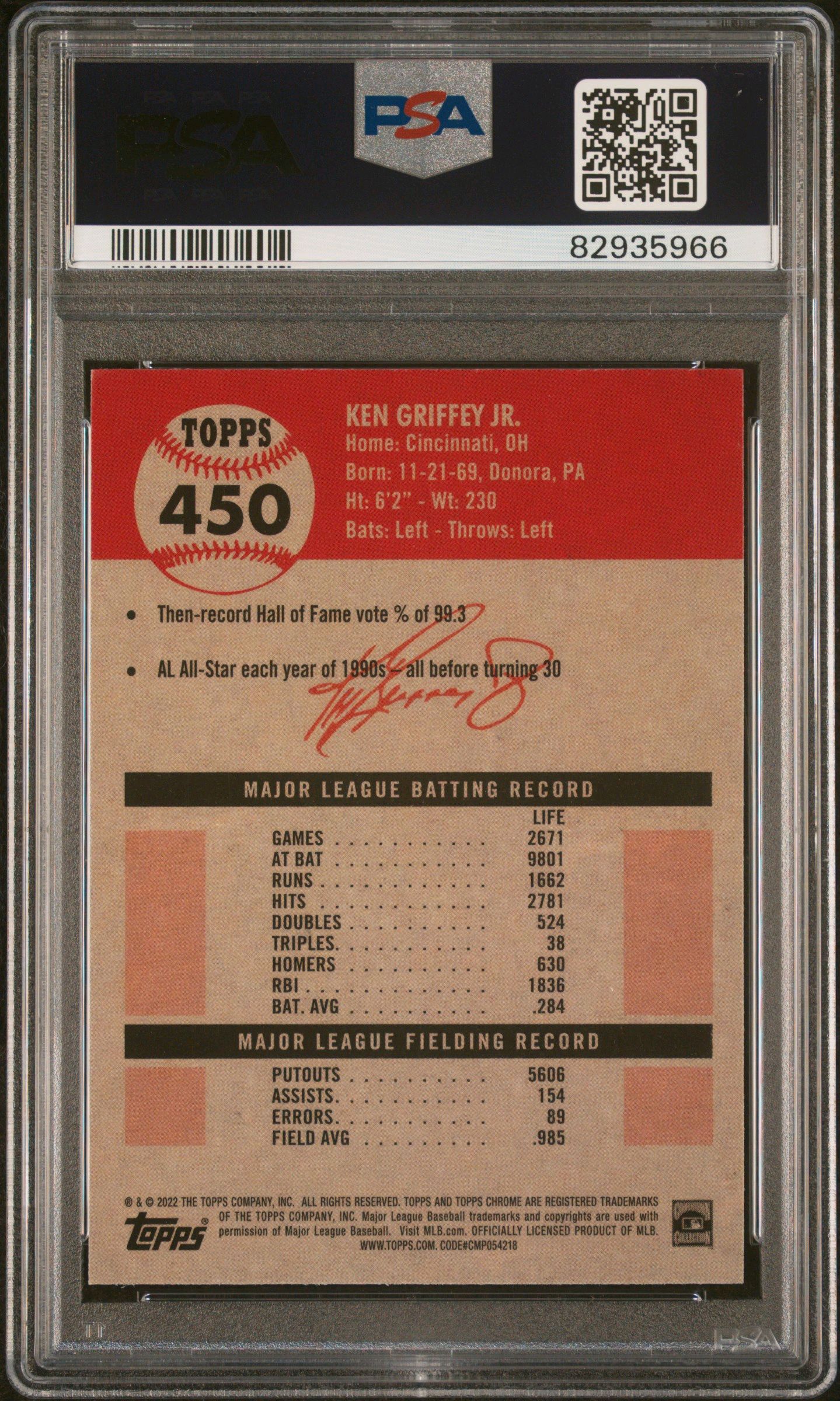 2022 TOPPS CHROME PLATINUM #450 KEN GRIFFEY JR. BLUE PRISM REFRACTOR PSA 10