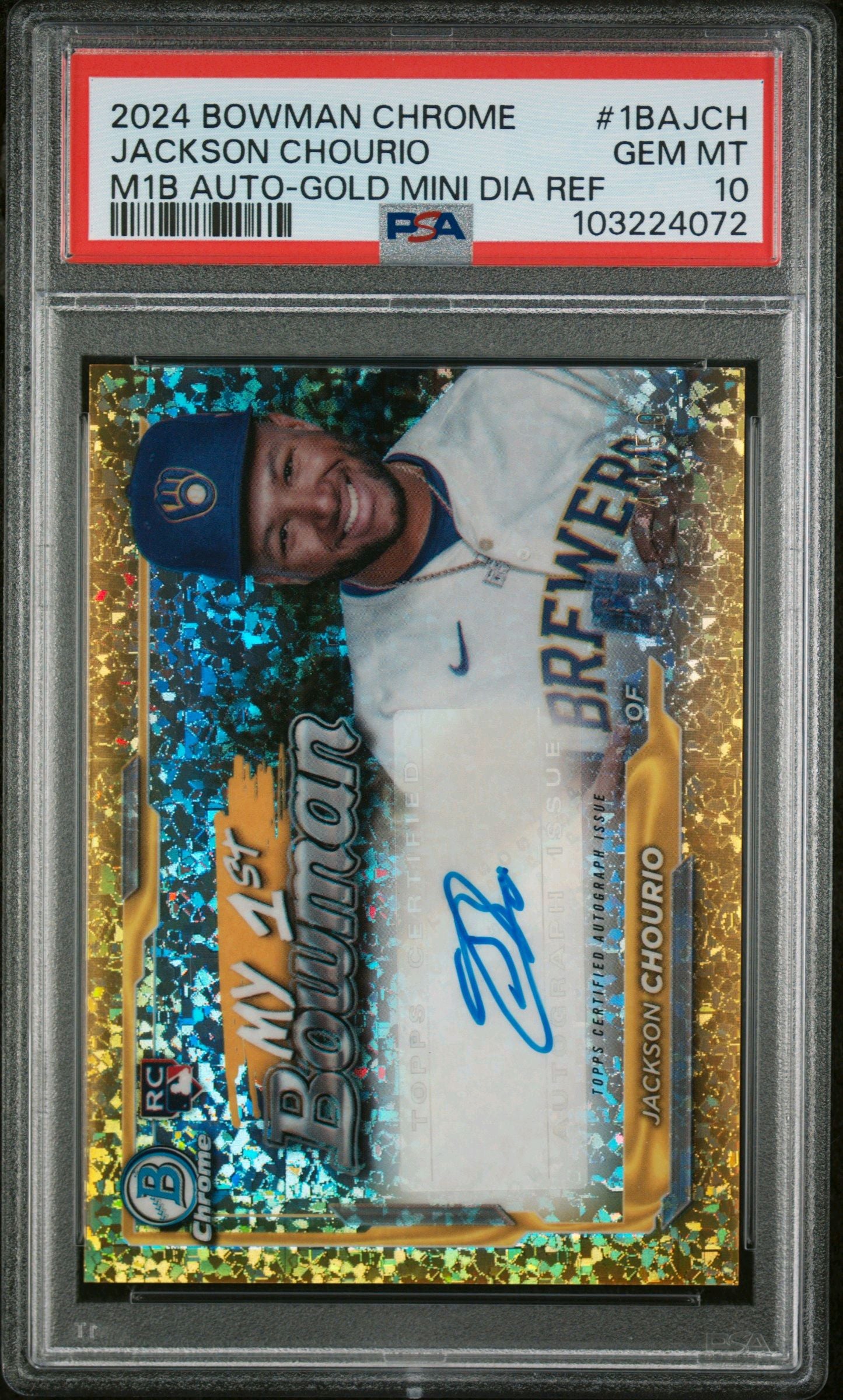 2024 BOWMAN CHROME MY 1ST BOWMAN AUTOGRAPHS #1BAJCH JACKSON CHOURIO M1B AUTO-GOLD MINI DIA REF