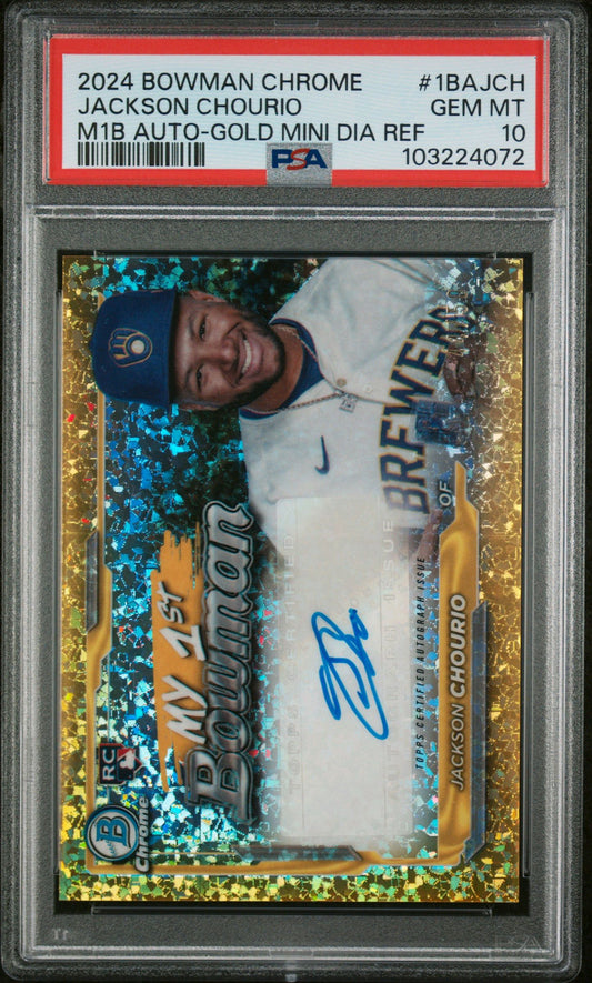 2024 BOWMAN CHROME MY 1ST BOWMAN AUTOGRAPHS #1BAJCH JACKSON CHOURIO M1B AUTO-GOLD MINI DIA REF