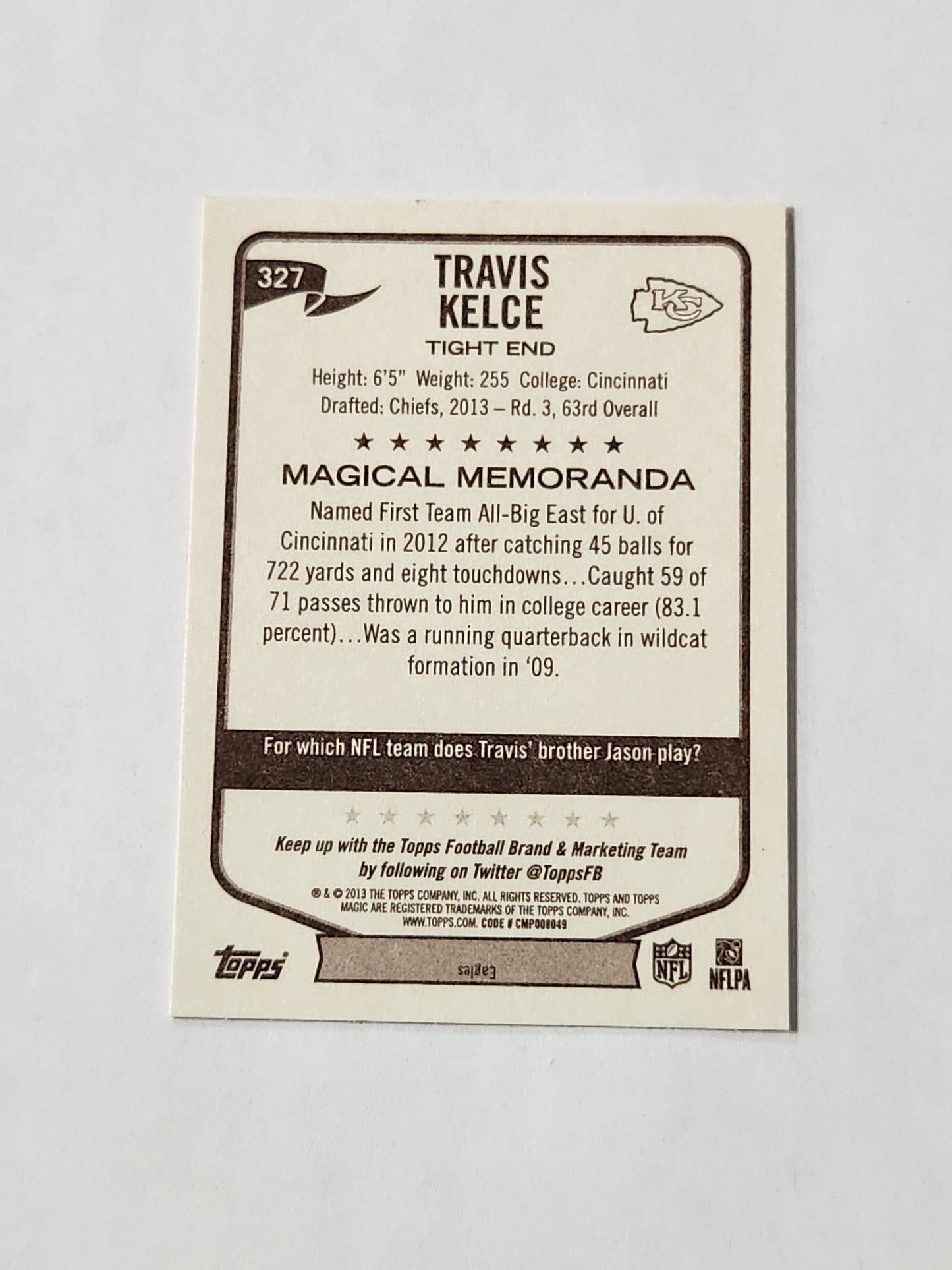 2013 Topps Magic Travis Kelce Mini Orange Rookie Card