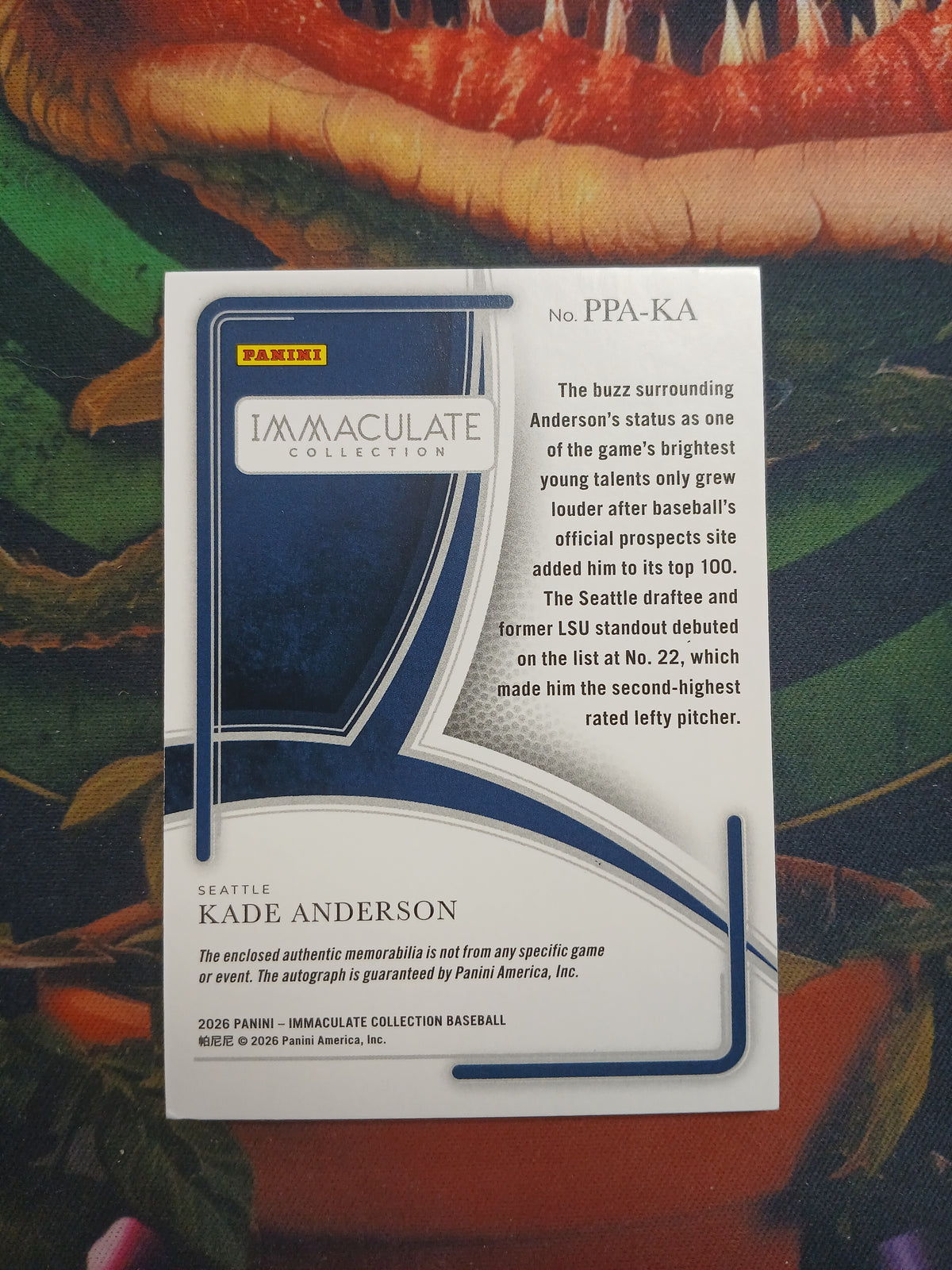2026 Immaculate Collection Kade Anderson Prospect Patch On Card Auto #/99