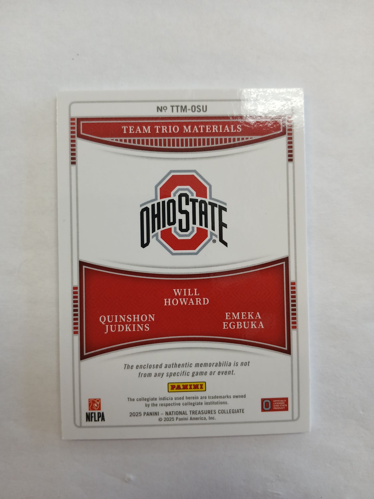 2025 National Treasures Will Howard Quinshon Judkins Emeka Egbuka Team Trio Materials #/49