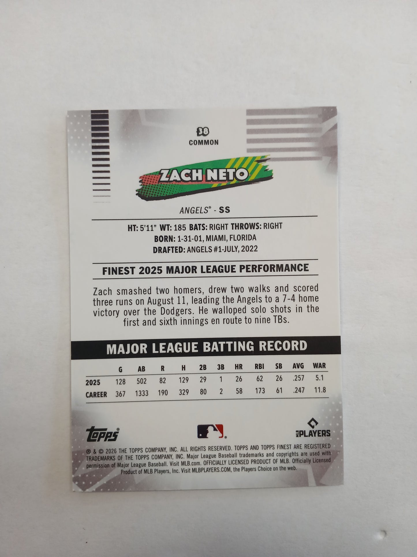 2026 Topps Finest Zach Neto Rookie Common Orange Sparkle Refractor #/25