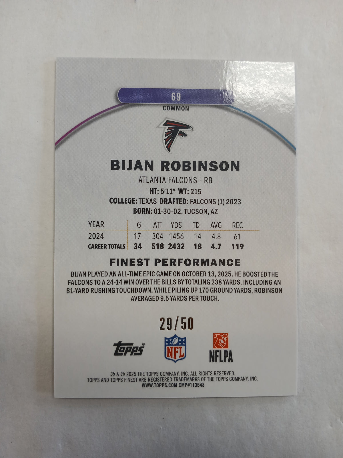 2025 Topps Finest Bijan Robinson Common Gold Geometric Refractor With Coating #/50