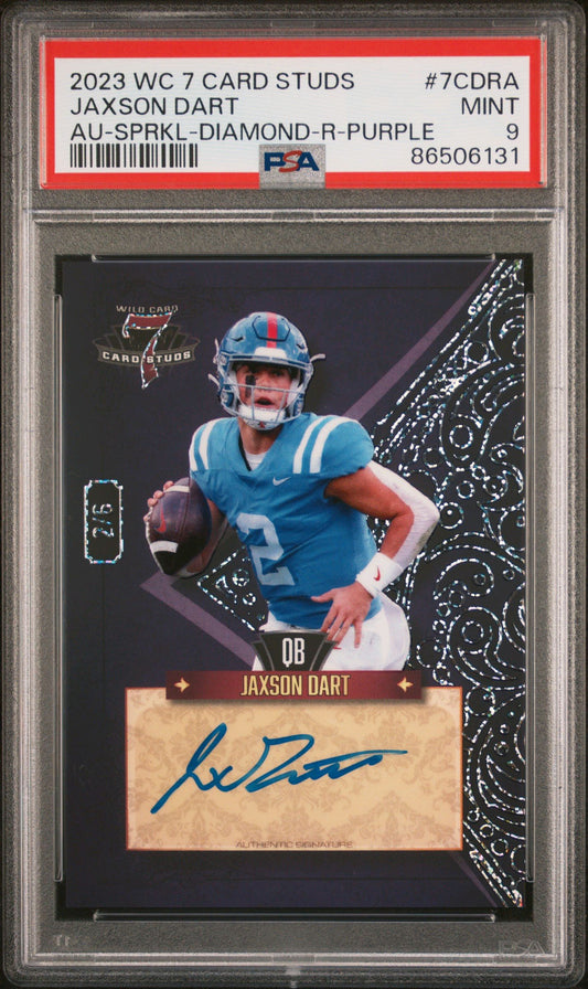 2023 WILD CARD 7 CARD STUDS AUTOGRAPHS #7CDRA JAXSON DART AU-SPRKL-DIAMOND-R-PURPLE PSA 9