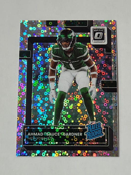 2022 Donruss Optic Ahmad "Sauce" Gardner No Huddle Disco Rated Rookie Jersey Number 1/125