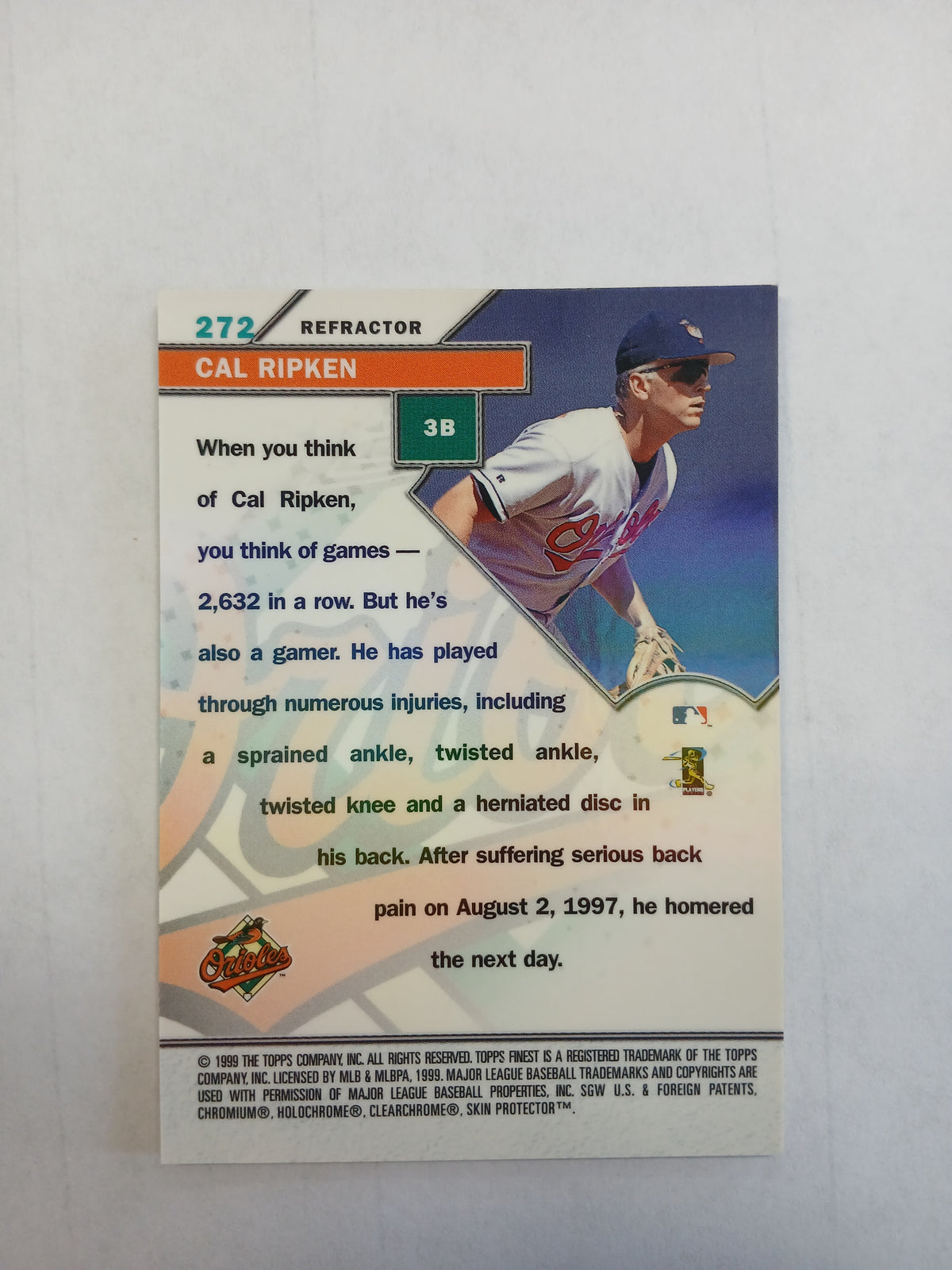 1999 Topps Finest Cal Ripken Gamers Refractor with Coating