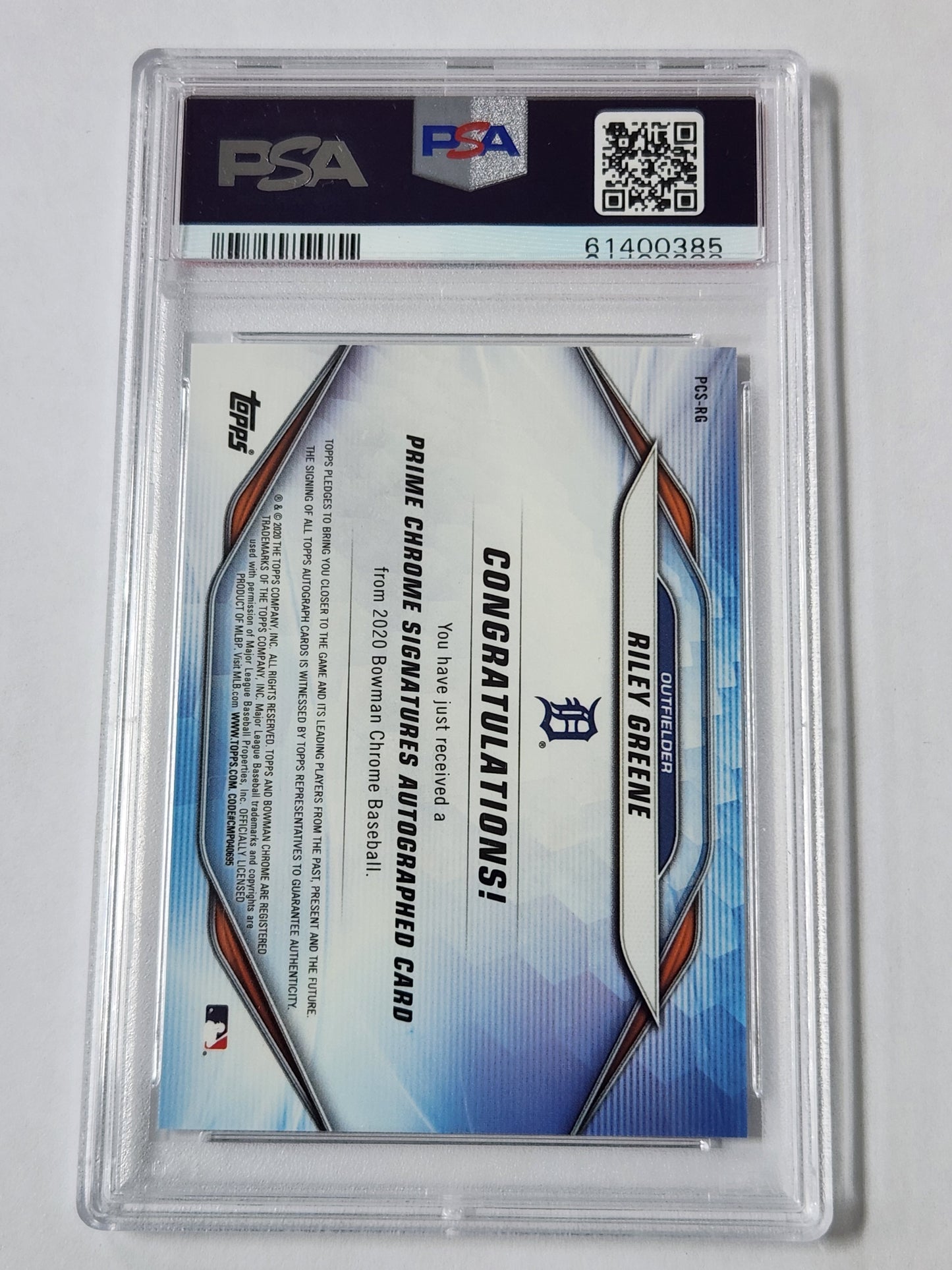 2020 Bowman Chrome Prime Signatures # /50 Riley Greene PSA 10 Auto PCSRG