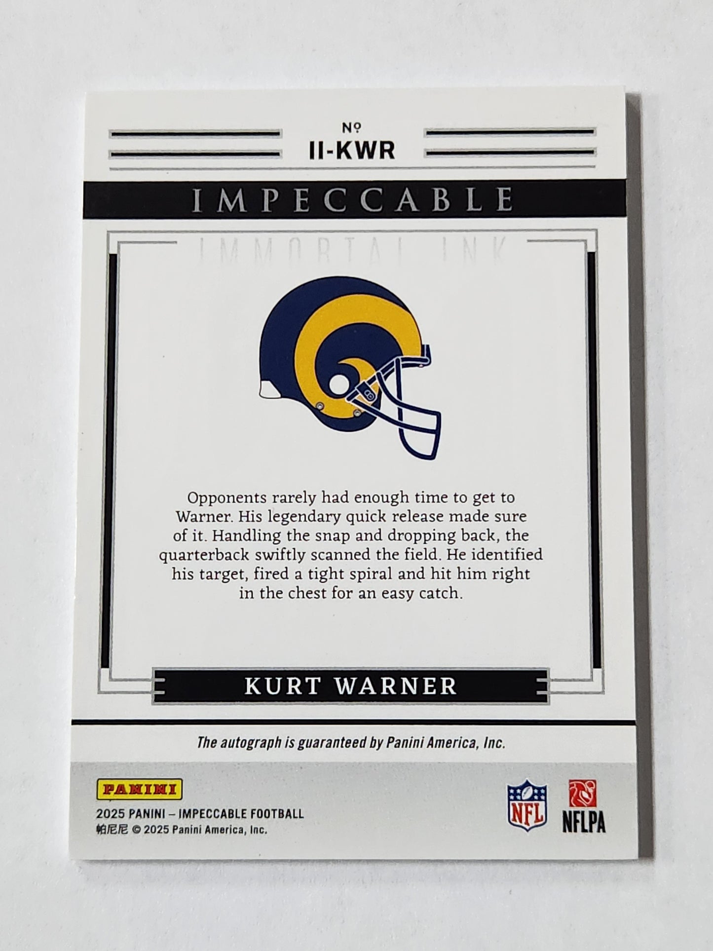 2025 Impeccable Kurt Warner # /25 Immortal Ink Auto Rams
