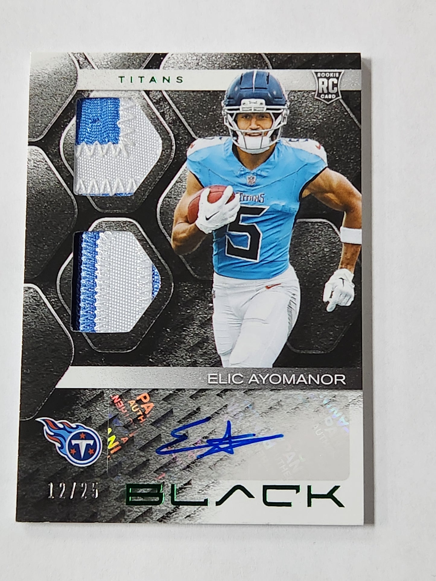 2025 Panini Black Elic Ayomanor # /25 Rookie Patch Auto Titans RPA Green