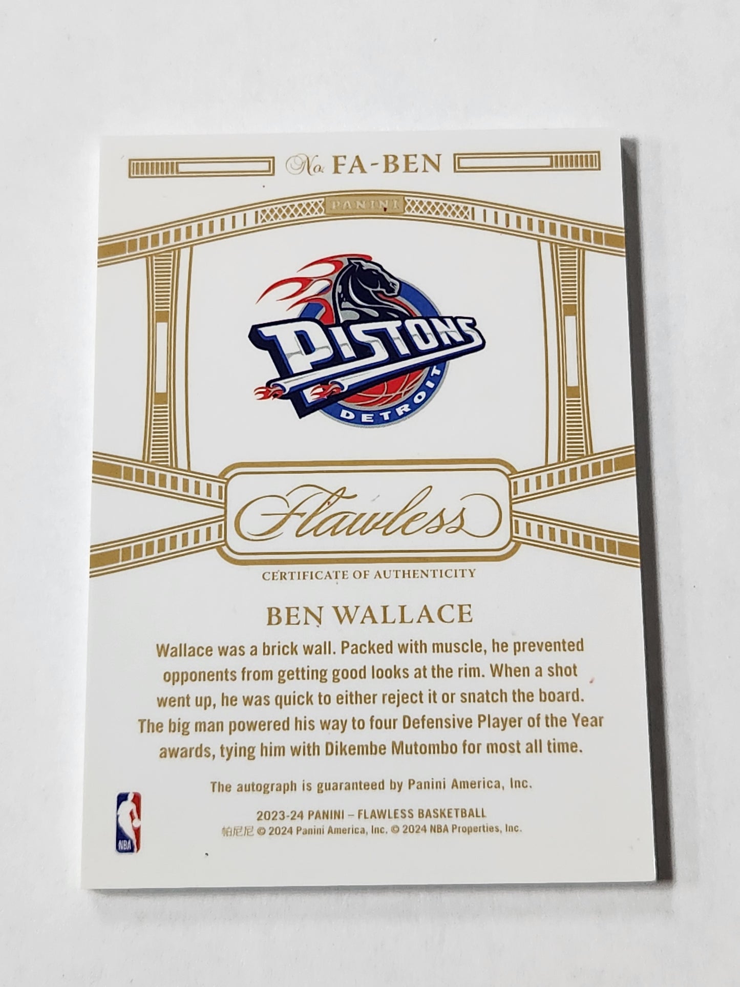 2023-24 Flawless Achievements Ben Wallace # /15 Pistons DPOY