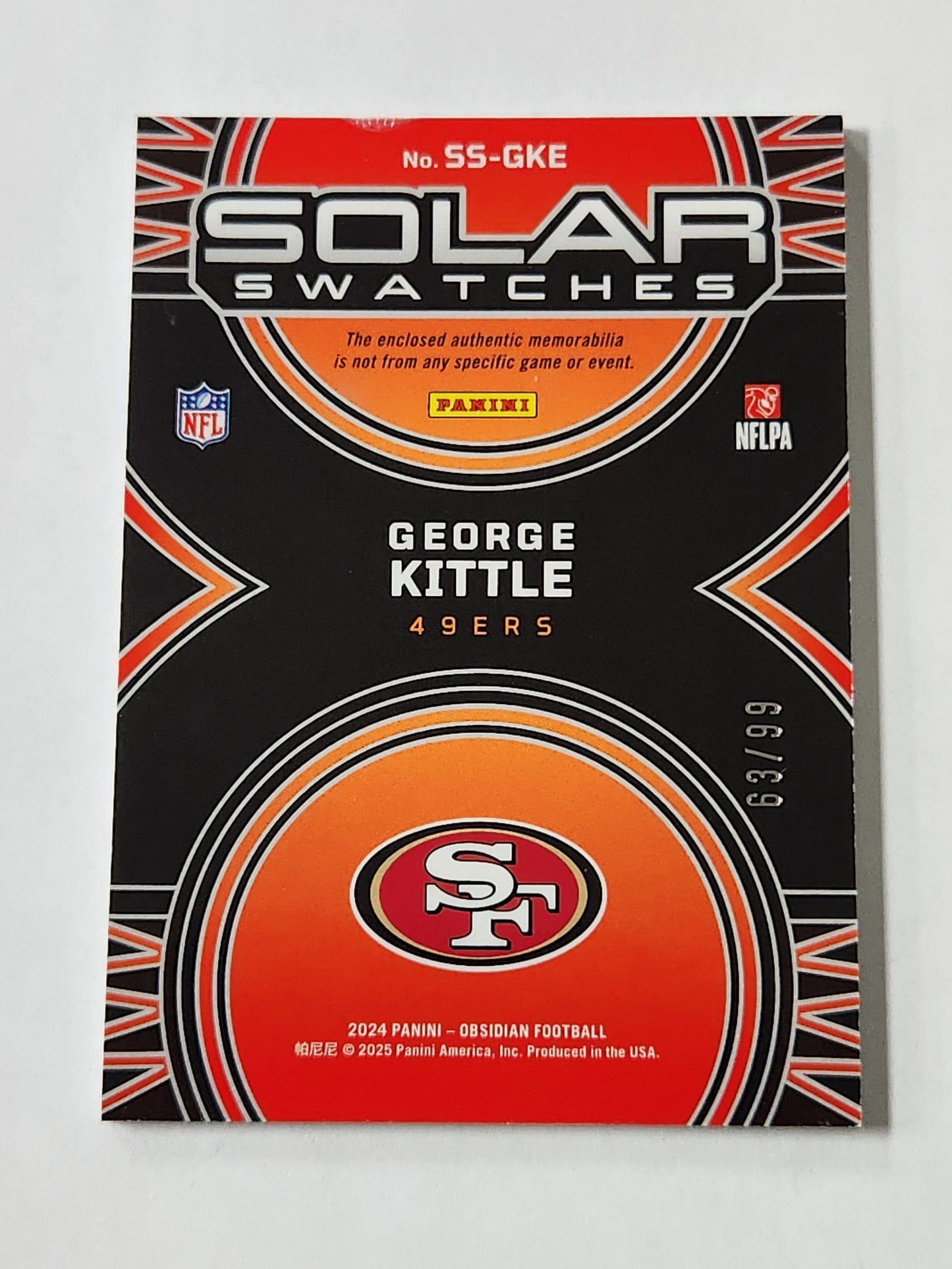 2024 Obsidian George Kittle Solar Swatches Jersey Card /99