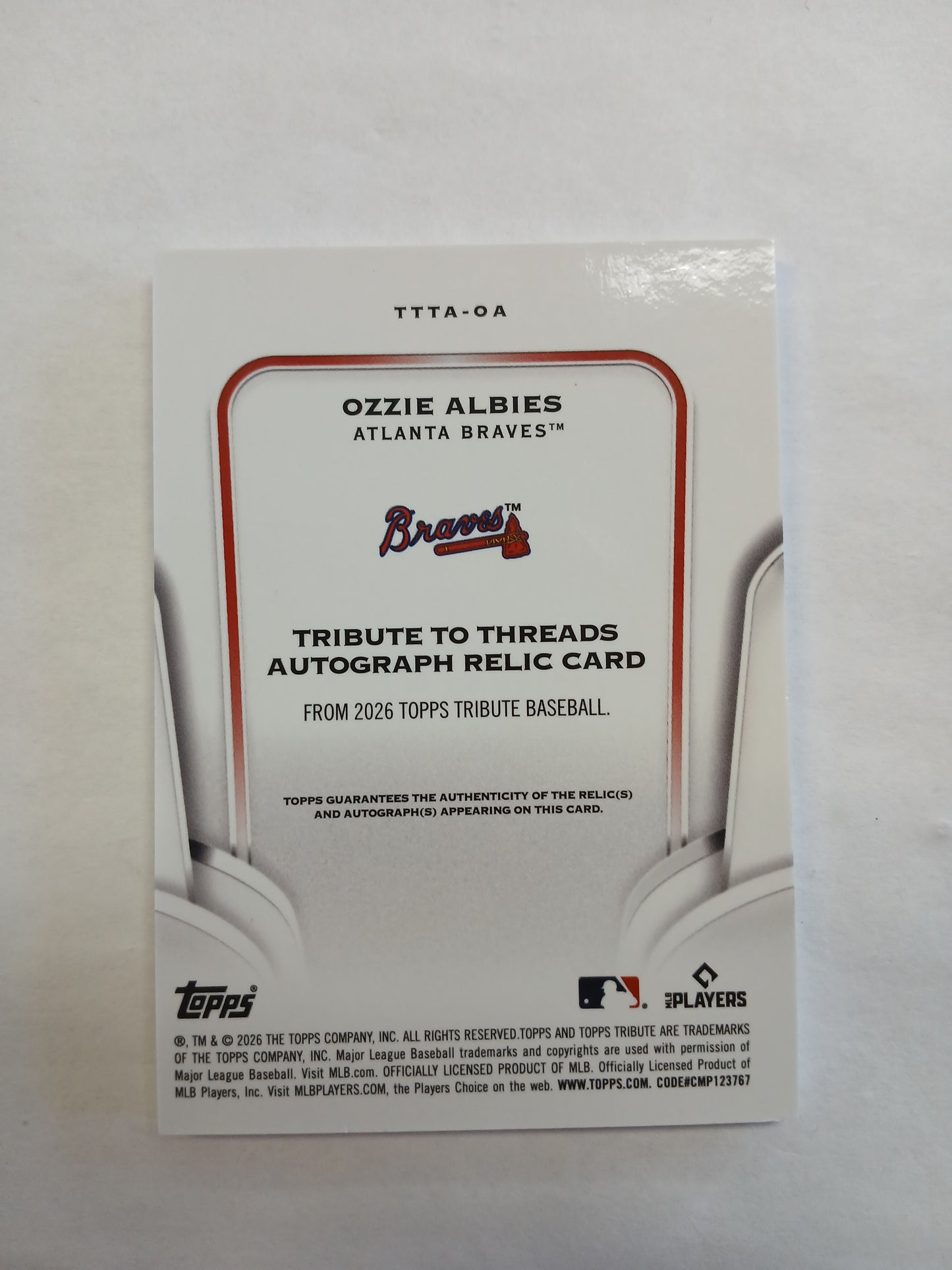 2026 Topps Tribute Ozzie Albies Tribute to Threads Triple Color Patch On Card Auto Pink Foil #1/10